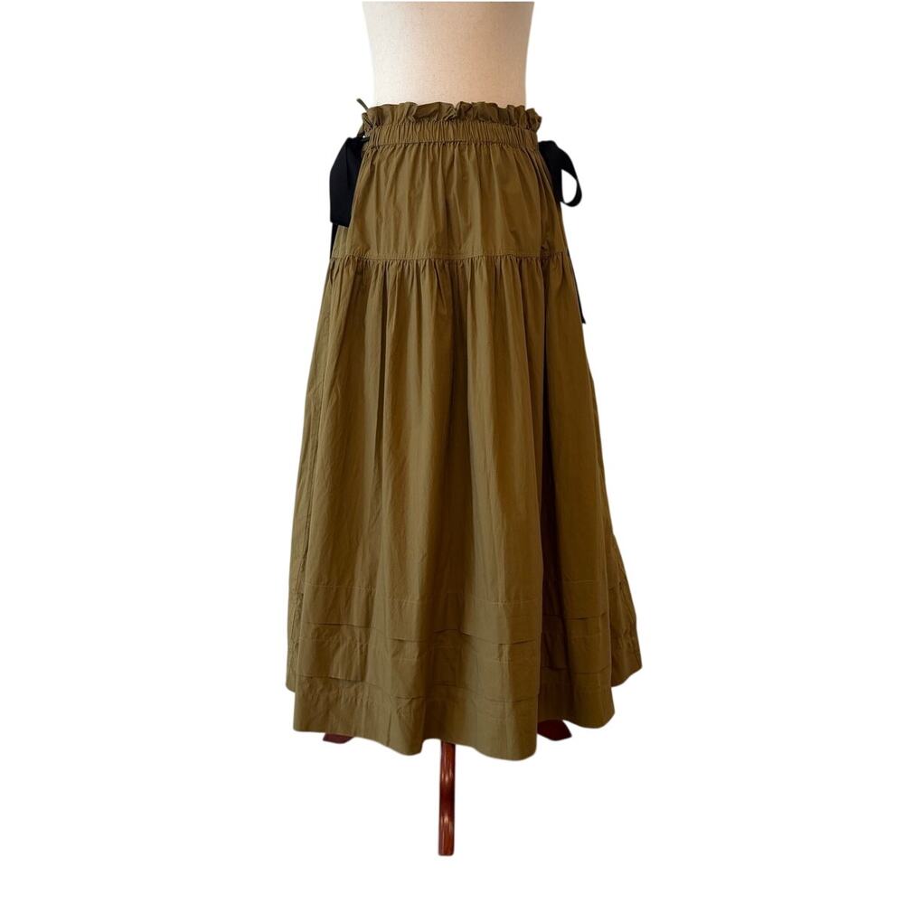 NWOT Ulla Johnson Olive Green Cotton Tiered Midi Skirt Paperbag Waist, Size 8